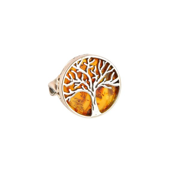 Natural Baltic Cognac Amber Tree Of Life Adjustable Ring in 925 Sterling Silver - Picture 1 of 6